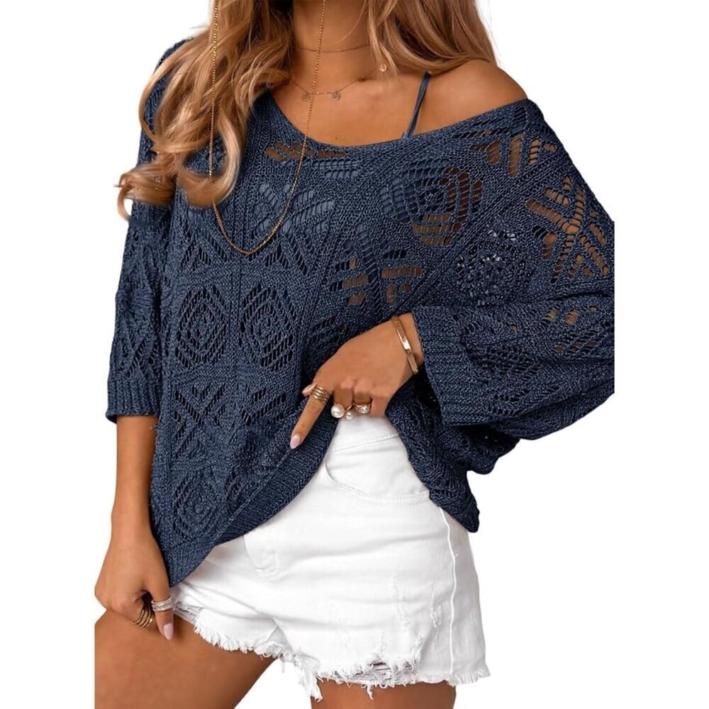Womens Crochet Pullover Sweater Off Shoulder Short Sleeve Spring Summer